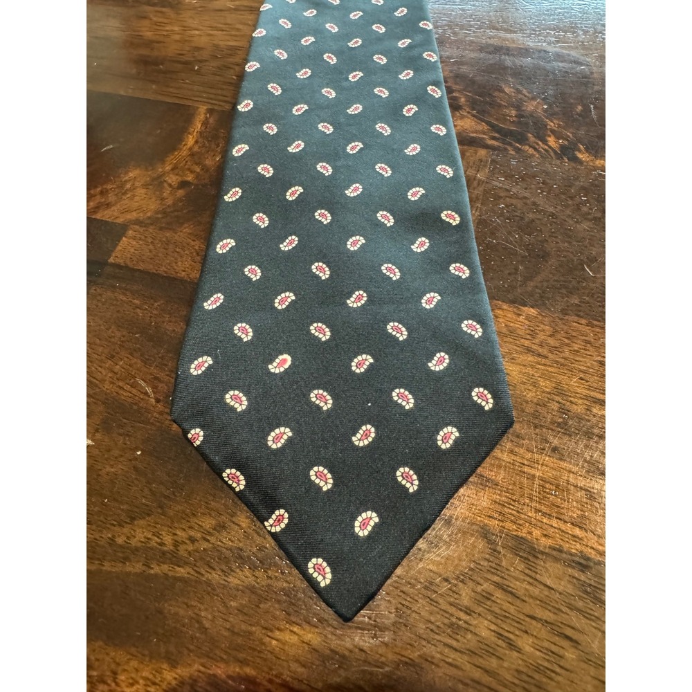 Stafford Mens Silk Necktie Dark Green Pink Paisley Teardrop Pattern USA Made
